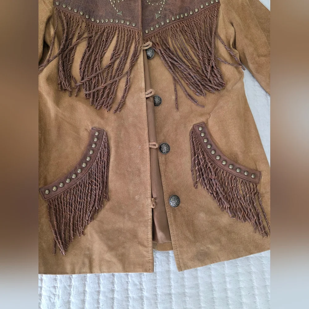 Womans Scully Leather Western Jack Two-Tone Brown Suede Fringe Stud Jacket - Picture 4 of 9